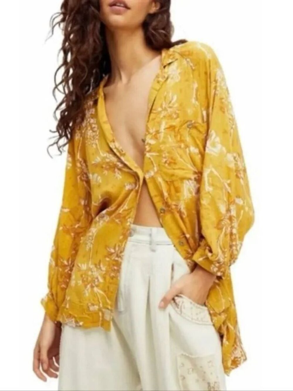 Free People We The Free Its A Vibe Button Down Shirt Yellow Large NWT